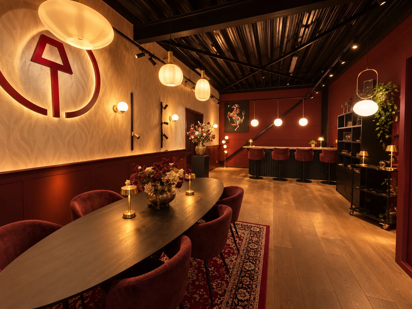 Showroom van Horecalicht in Maarsbergen met hanglampen, draadloze tafellampen en een bar in warm licht