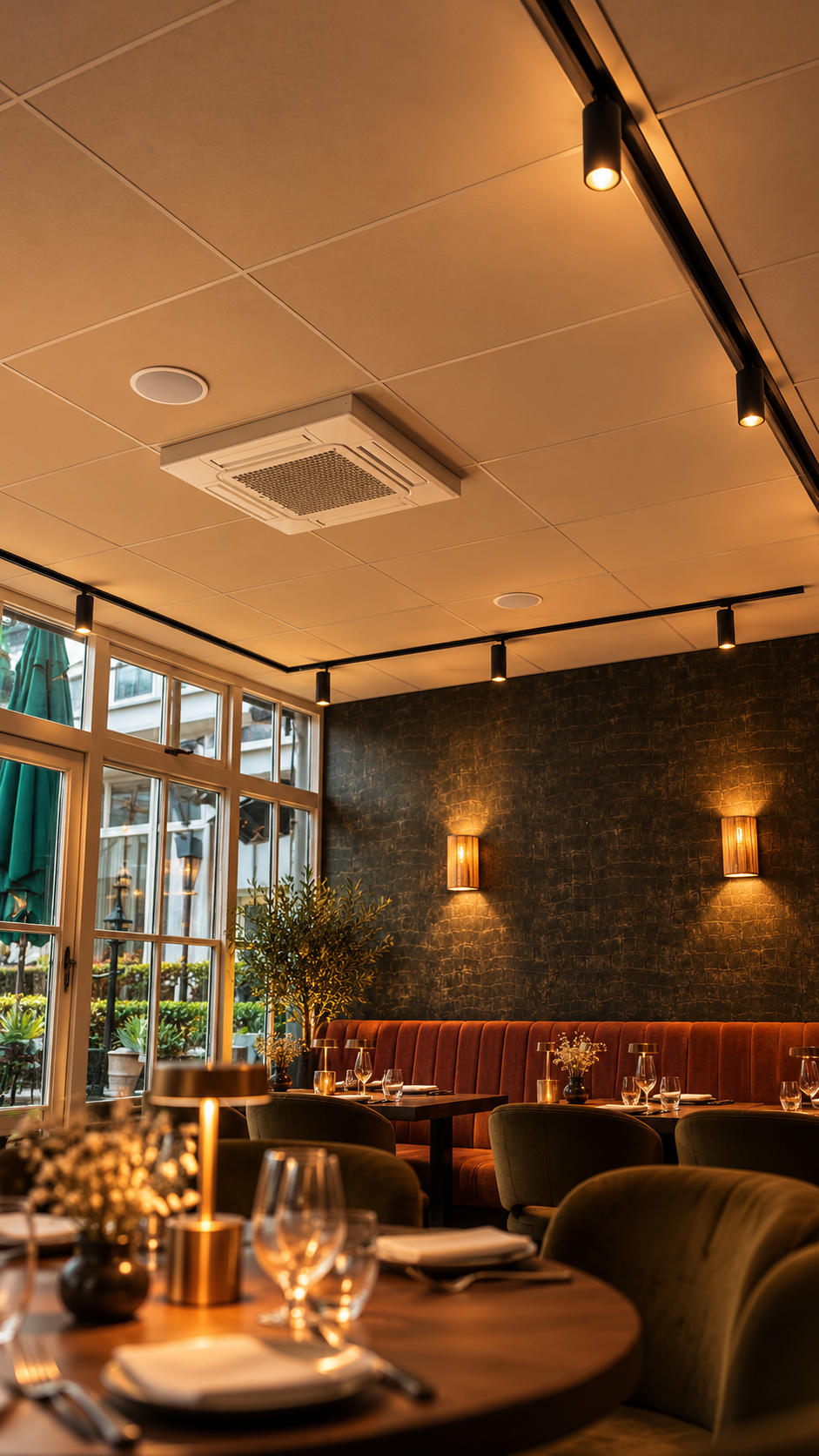 Restaurantinterieur in de avond met railverlichting, wandlampen en draadloze tafellampen als voorbeeld van een lichtscène