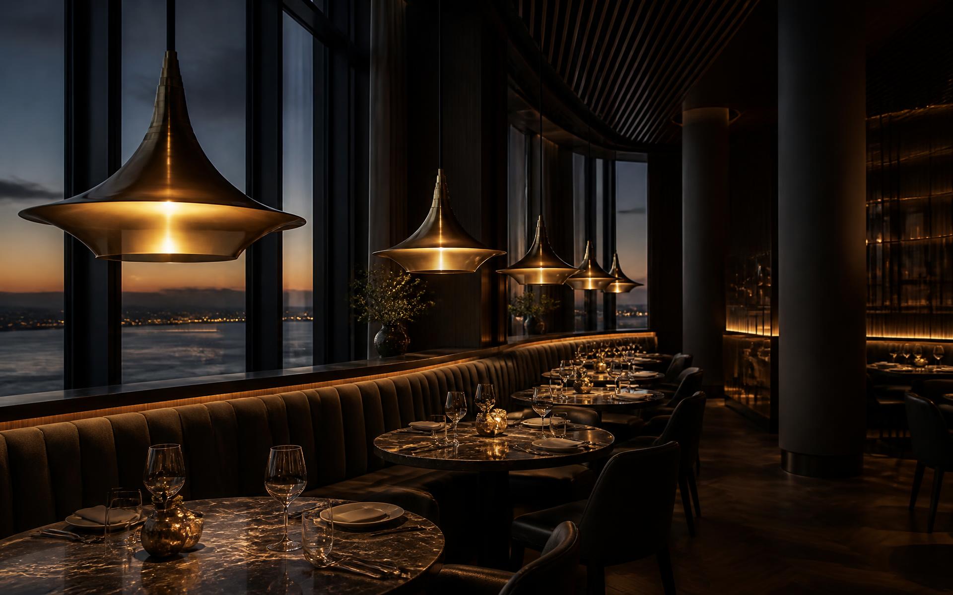 Restaurantinterieur met rij messing hanglampen boven marmeren tafels bij zonsondergang