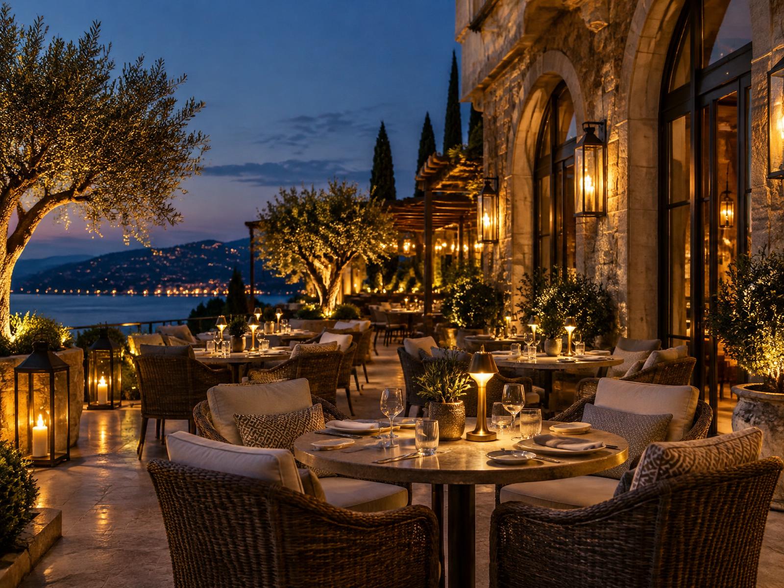 Luxe hotelterras met warme avondverlichting