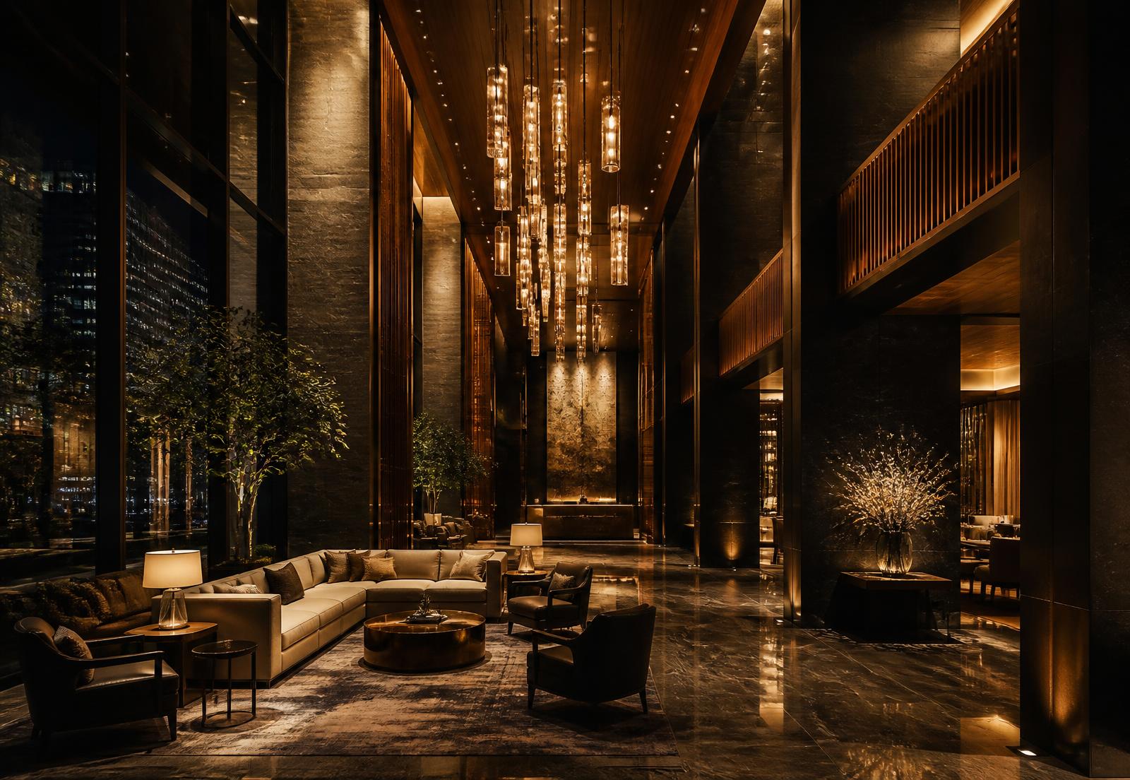 Hotellobby met hoge plafonds en een grote cluster hanglampen