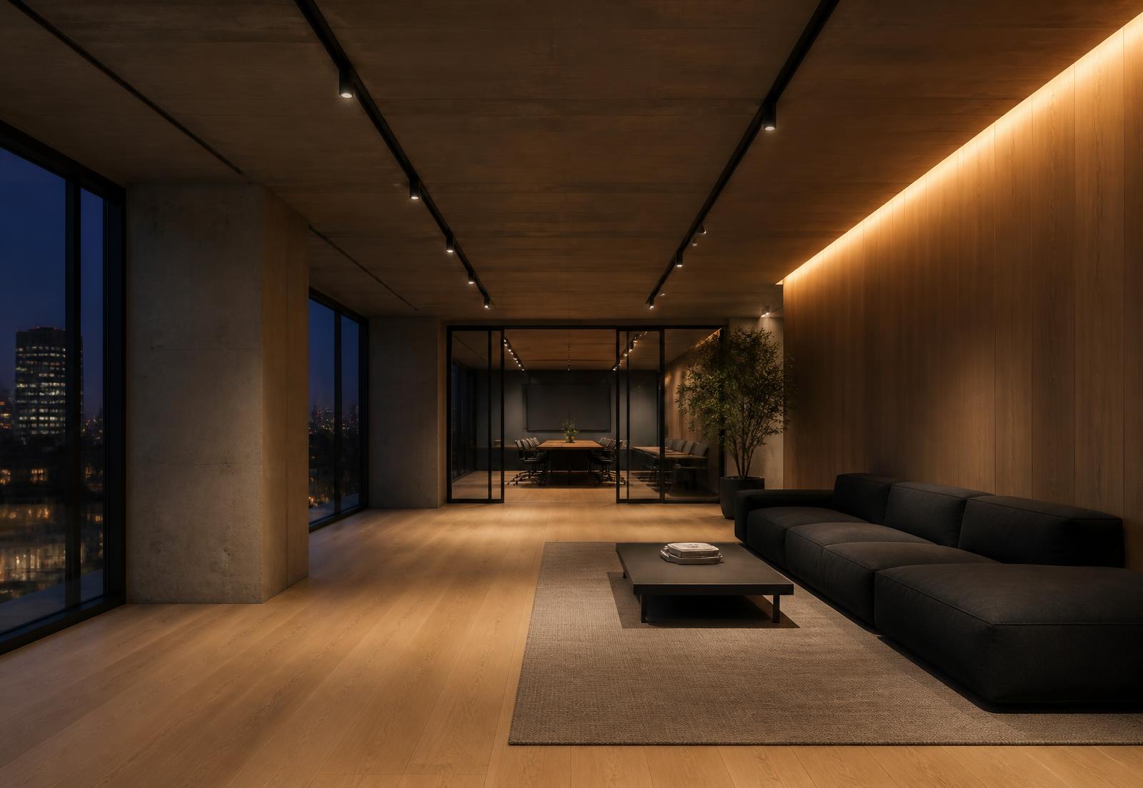 Modern kantoorlounge met lichtrails en warme indirecte verlichting
