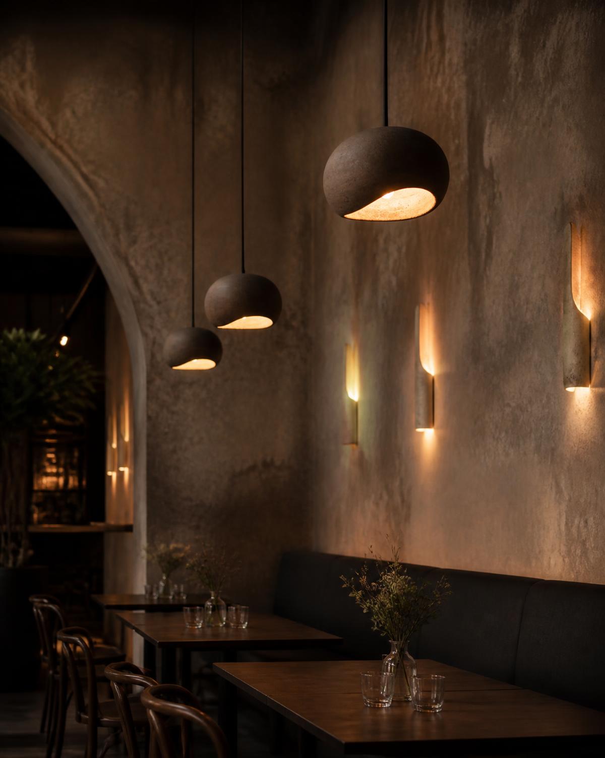 Hanglampen en wandlampen in een donker, sfeervol restaurantinterieur