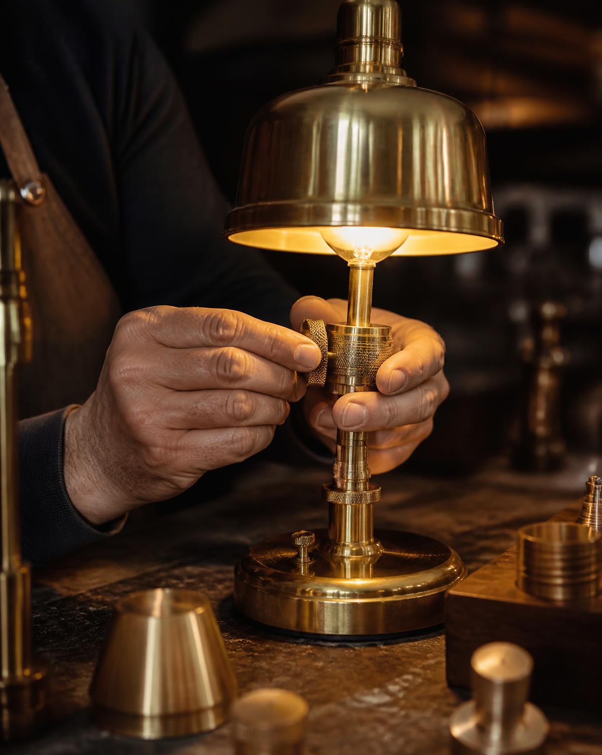 Vakman monteert een messing lamp op maat in het atelier