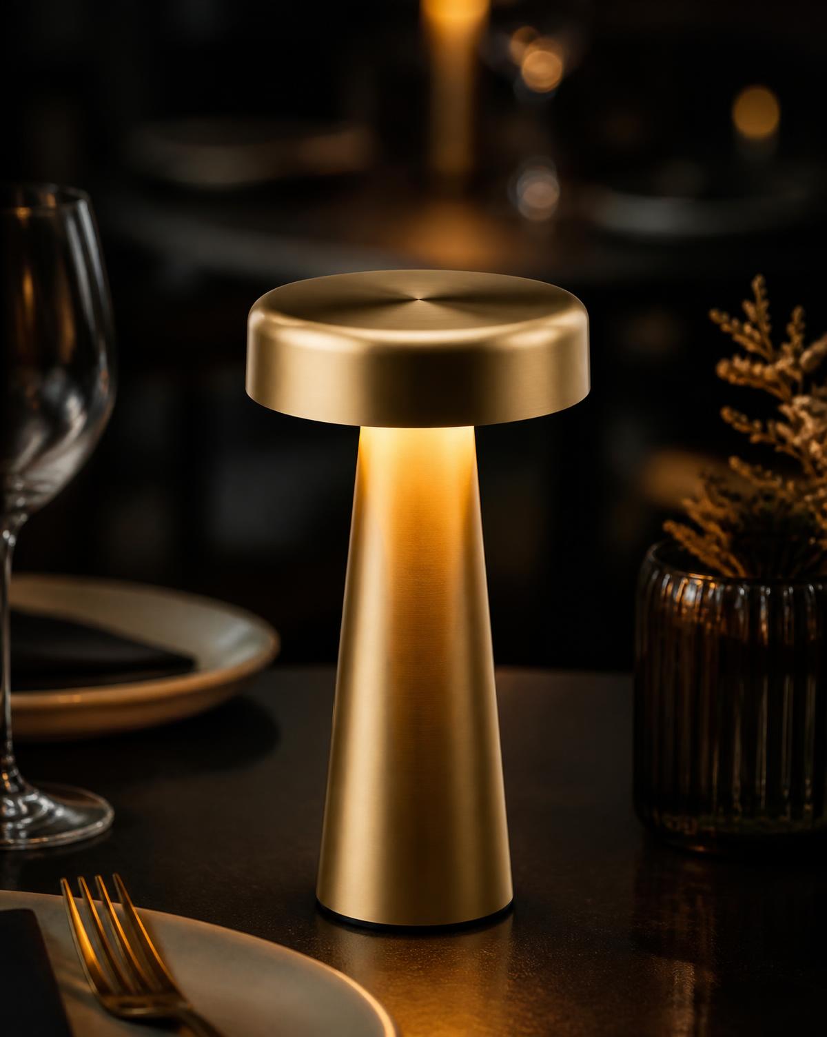 Oplaadbare draadloze tafellamp met warm licht op een gedekte restauranttafel